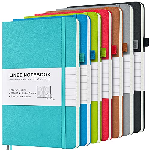 7 Pack Lined Journal Notebook, Hardcover PU Leather Notebook for Men Women, 100 GSM Thick Numbered Pages with Index Content, Inner Pockets, Bookmarks, A5 Ruled Writing Journal Bulk (Multicolor)