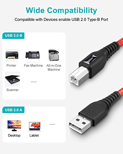 2Pack Red USB Printer Cable,6ft/2 Meter USB Printer Cord, High Speed USB 2.0 Type A Male to B Male Scanner Cord, Compatible with HP, Canon, Dell, Epson, Lexmark, Xerox, Samsung and More