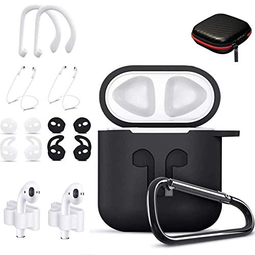 TOLUOHU AirPods Case, 12 in 1 Silicone AirPods 1&2 Accessories Set Protective Cover, Skin for Apple AirPods Charging Case, Watch Band/Airpods Tips/Strap/Holder/Ear Hooks/Keychain/Carrying Box(Black)