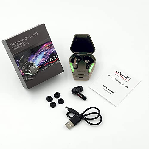 AVAZI GX10 HD True Wireless Earbuds TWS Bluetooth Headphones Stereo Sound Earphones, Sweat Proof Bluetooth 5.1 Headset with Built-in Mic for Sports. 50ms Ultra Low Latency Gaming