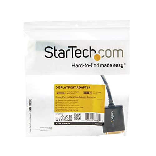 StarTech.com DisplayPort to DVI Adapter - DisplayPort to DVI-D Adapter Video Converter 1080p - DP 1.2 to DVI Monitor/Display Cable Adapter Dongle - DP to DVI Adapter - Latching DP Connector (DP2DVI2)