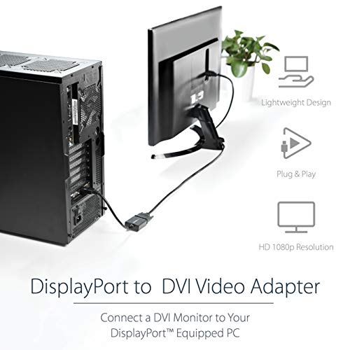 StarTech.com DisplayPort to DVI Adapter - DisplayPort to DVI-D Adapter Video Converter 1080p - DP 1.2 to DVI Monitor/Display Cable Adapter Dongle - DP to DVI Adapter - Latching DP Connector (DP2DVI2)