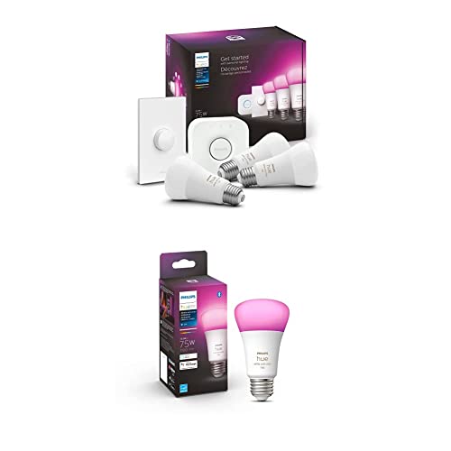 Philips Hue 75W Color Smart Button Starter Kit + Extra A19 Bulb, 4 Medium Lumen A19 Smart Bulbs, 1 Smart Button & 1 Hue Hub (Compatible with Alexa, Apple HomeKit & Google Assistant) (563338)