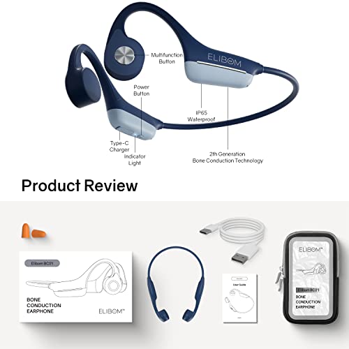 ELIBOM Bone Conduction Headphones, 9 Hours Music&Call, Open-Ear Bluetooth5.2 Headphones, Lightweight Wireless Headset, Sweatproof Sports Earphones with Mic for Workout, Arm Bag Included (Blue)