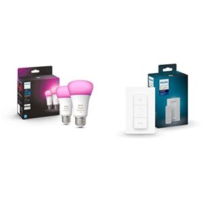 philips hue 2-pack white and color a19 medium lumen smart bulb & smart dimmer switch and remote, installation-free, smart home, exclusively for philips hue smart lights (2021 version), white (562777)