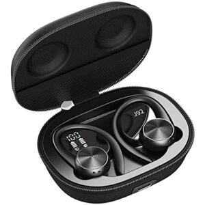 rujapis true wireless earbuds sport bluetooth over ear headphones, in-ear earphones with microphone, led display, deep bass, waterproof for running workout, ear buds for android iphone laptop (black)