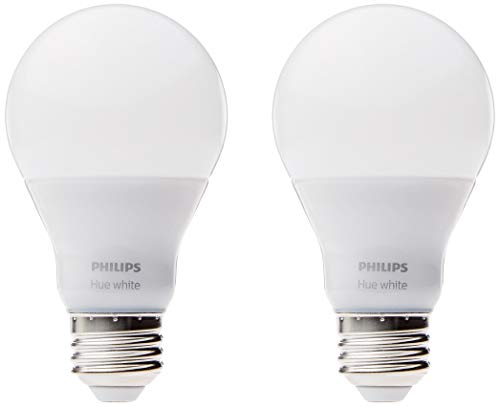 Philips 453100 Hue White A19 2-Pack 60W Equivalent Dimmable LED Smart Bulb (Compatible with Amazon Alexa, Apple HomeKit, and Google Assistant), Soft White, Standard - 2 Pack