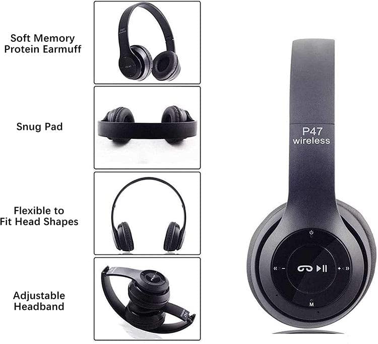 Wireless Headphones Over Ear P47 Super Bass 5.1, Volume Control, Bluetooth, Card Support SD, LED Lights, Compatible with Apple & Android, Built-in Microphone, FM Radio