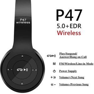 Wireless Headphones Over Ear P47 Super Bass 5.1, Volume Control, Bluetooth, Card Support SD, LED Lights, Compatible with Apple & Android, Built-in Microphone, FM Radio