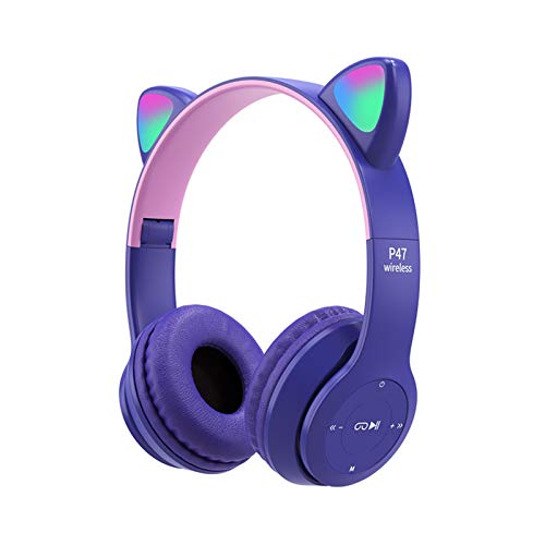 UXELY Cute Cat Ears Light Up Wireless Gaming Headset, Bluetooth 5.0 Headphones with LED Lights, Stretchable, Foldable, Adjustable Gaming Headphones for Kids Adults(Purple)