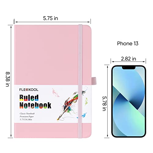 FLEEKOOL Lined Journal Notebook Hardcover with 216 Pages - A5 College Ruled Notebook with 100gsm Thick Paper,Pen Loop,Inner Pocket,5.75'' X 8.38'' - Pink