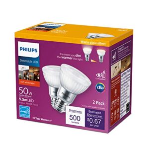 philips led classic glass dimmable par20 40-degree spot light bulb with warm glow effect: 500-lumen, 2200-2700-kelvin, 7-watt (50-watt equivalent), e26 base, soft white, 2-pack