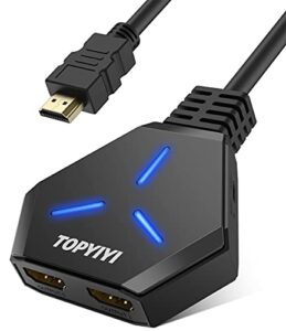 hdmi splitter 1 in 2 out, topyiyi 4k hdmi splitter for dual monitors with pigtail hdmi cable, hdcp1.4 bypass, supports 4k@30hz 3d 1080p for xbox ps4 ps3 blu-ray player fire stick cable box