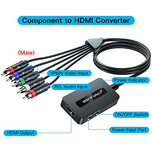 Male Component to HDMI Converter Cable with HDMI and Component Cables for DVD/ STB with Female Component Output to Display on HDTVs, 1080P RGB YPbPr to HDMI Converter, Component in HDMI Out Adapter…