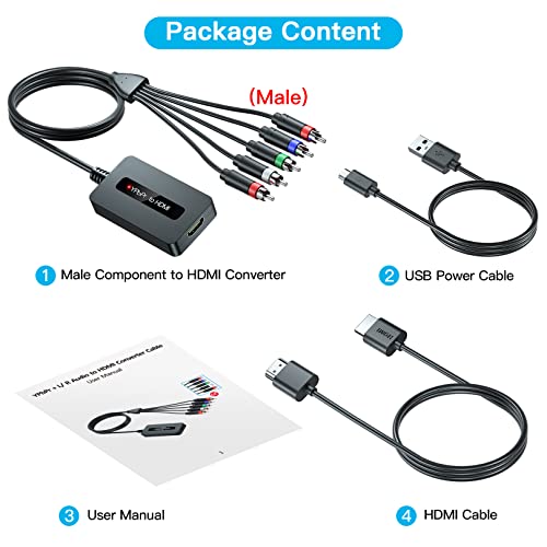 Male Component to HDMI Converter Cable with HDMI and Component Cables for DVD/ STB with Female Component Output to Display on HDTVs, 1080P RGB YPbPr to HDMI Converter, Component in HDMI Out Adapter…