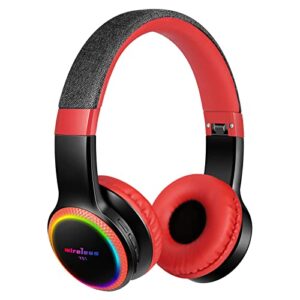 woice kids blutooth headphones with mic, colorful led lights, stereo sound, bluetooth5.0, foldable on-ear children wireless/wired headphones fit for kids teens adults (black&red)