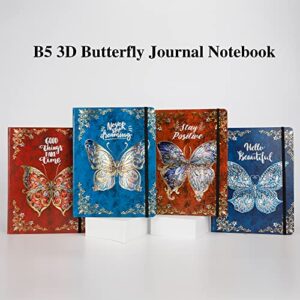 Ruled Journal Notebook, B5 3D Butterfly Embossed Hardcover Writing Journal with Elastic Closure Band, 192 Pages Lined Paper for School, Office, Home, 9" X 6.9" (Blue)