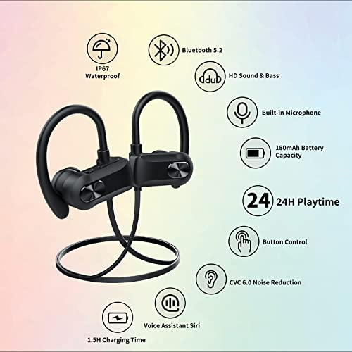 JUSTRVN Sports Wireless Earphone,Bluetooth Headphone with 24Hrs Playtime,Bluetooth Headsets V5.2 HD Bass with IP67 Waterproof,Noise Cancellation Earbuds w/Ear-Hooks for Gym Jogging Workout