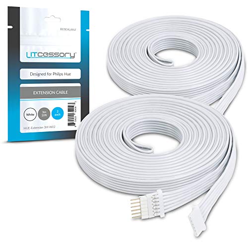 Litcessory Extension Cable for Philips Hue Lightstrip Plus (10ft, 2 Pack, White - Micro 6-PIN V4)