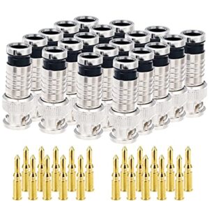 20pcs bnc compression connector 75 ohm coupler with copper pin for rg58-59 crimper video plug extension coaxial siamese cable crimper adapter male cctv home security camera antena system