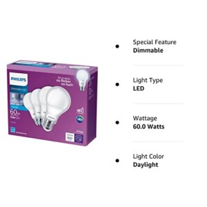 Philips LED- Dimmable A19 Light Bulb, EyeComfort Technology, 800 Lumen, Daylight (5000K), 8.8W=60W, E26 Base, Title 20 Certified, 4 Bulbs