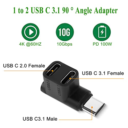 QIANRENON 1 to 2 USB C 3.1 90 ° Angle Adapter 10Gbps USB 3.1 Type C Male to USB C3.1 and USB C2.0 Dual Female Right Angle Connector, Support 4k@60HZ HD 100W, for Smartphone Laptop Tablet Steam Deck