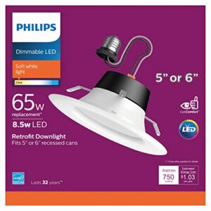 Philips LED Flicker Free 5"/6" Dimmable Recessed Downlight, EyeComfort Technology, 750 Lumen, Soft White Light (2700K), 8.5W=65W, E26 Base, Title 20 Certified, 6-Pack