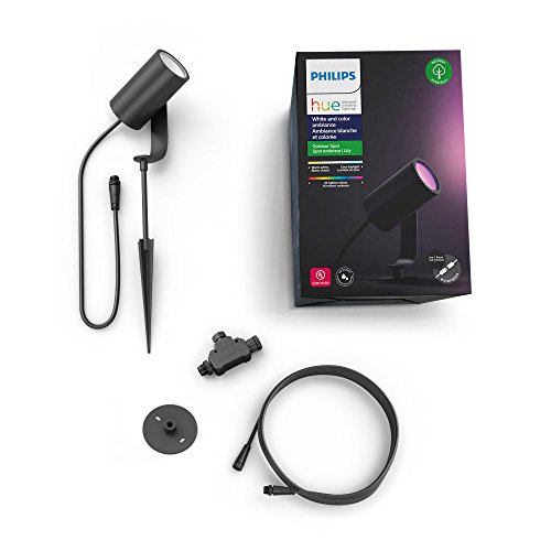 Philips Hue Lily White & Color Outdoor Spot Light Base kit, Black (New) & Lily White & Color Outdoor Smart Spot Light Extension, 1 Hue White & Color Smart Spot Light + Mount kit