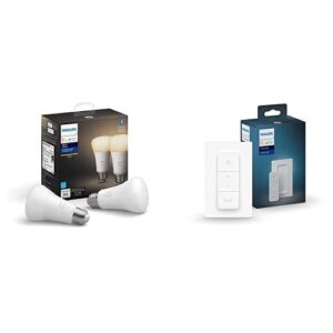 philips hue smart bundle: 2-pack white a19 bluetooth + v2 dimmer switch (hue hub optional, compatible with alexa, google assistant)