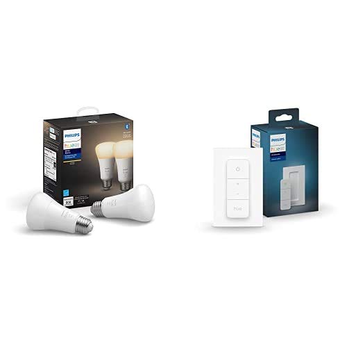 Philips Hue Smart Bundle: 2-Pack White A19 Bluetooth + V2 Dimmer Switch (Hue Hub Optional, Compatible with Alexa, Google Assistant)