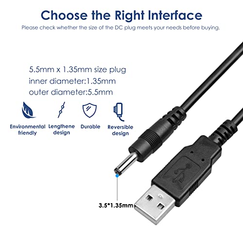 Onite 2pcs of 6.6ft 2m USB to DC 3.5x1.35mm Barrel Jack Power Cable Plugs Power Cord for USB Lights, USB Fans, Cartoon Watches, Radiators, 5V Mini Speakers, USB HUB