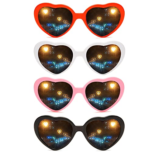 4pcs Heart Effect Diffraction Glasses That Turn Lights into Hearts,Heart Glasses Effects for Parties 3D Light Effect Glasses for Girls Women Halloween Special Glasses