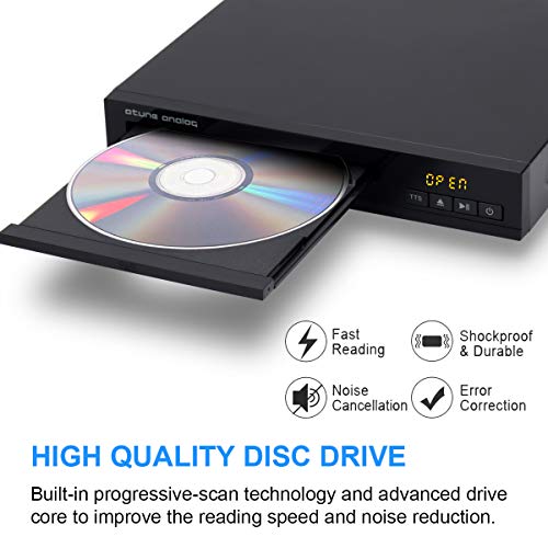 atune analog DVD Player 1080P Supported, All Region Free CD Disc Players, with NTSC/PAL System, HDMI AV Coaxial Output, Compact Design, Cables & Remote Control Apply for Home TV, Black