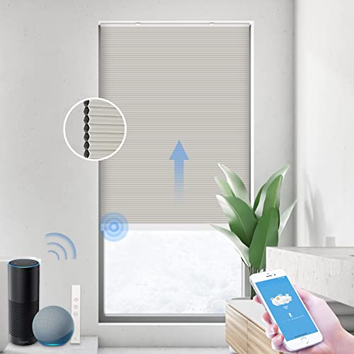 THIRDREALITY ZigBee Smart Blind, Motorized Blackout Window Shades with Remote, Cordless Honeycomb Blinds, Automatic Height Setting, AA Batteries Powered, 27" W x 72" H Beige/White