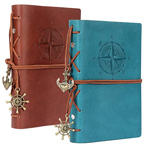 EOOUT 2pcs Leather Writing Journal, Vintage Spiral Refillable Notebook, Travel Journal for Women and Men, 5 x 7.25 Inches, 80 Sheets, 160 Pages