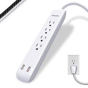 philips 4 outlet power strip surge protector with 2 usb ports, 4 ft power cord, designer braided extension cord, flat plug extension cord, 720 joules, white, spc6244wc/37
