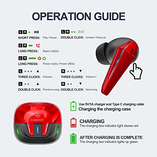 CAIMOSHY Wireless Bluetooth Earbuds 50Hrs Playtime with Clear Call Low Latency Sweatproof Waterproof Earbuds for Gaming and Sports (Red)