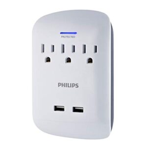 philips 3-outlet extender with 2-usb port surge protector, charging station, 900 joules, grounded power adapter, indicator light, 3-prong, 2.4 amp/12 watt, etl listed, white, spp6233wb/37
