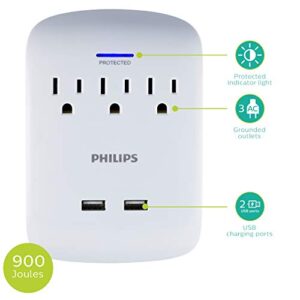 Philips 3-Outlet Extender with 2-USB Port Surge Protector, Charging Station, 900 Joules, Grounded Power Adapter, Indicator Light, 3-Prong, 2.4 AMP/12 Watt, ETL Listed, White, SPP6233WB/37