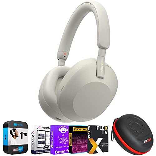 Sony WH1000XM5/S Wireless Industry Leading Noise Canceling Headphones, Silver Bundle with Premium 2 YR CPS Enhanced Protection Pack, Deco Gear Headphone Case and Audio Entertainment Essentials Bundle