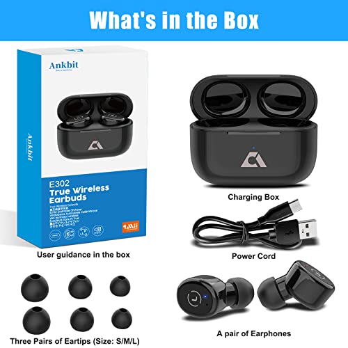 Ankbit E302 True Wireless Earbuds Bluetooth Headphones with Microphone, TWS in Ear Stereo Headset, IPX8 Waterproof, Hi-Fi Deep Bass Earphones for Sports/Work, Compatible with iPhone & Android