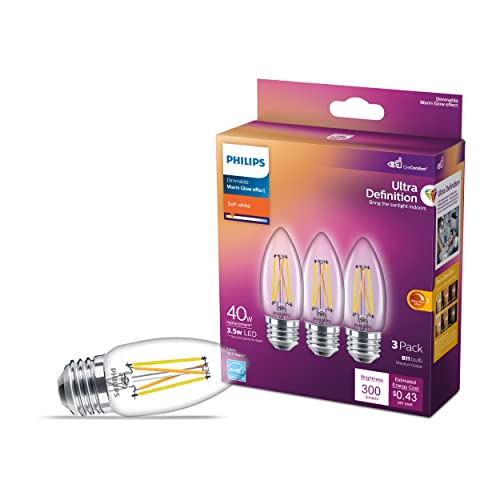 Philips LED Flicker-Free Classic Glass Ultra Definition, EyeComfort Technology, Warm Glow Effect B11 Light Bulb, 300 Lumen, Soft White (2700K), 3.5W=40W, E26 Base, T20 Certified, 3-Pack (574392)