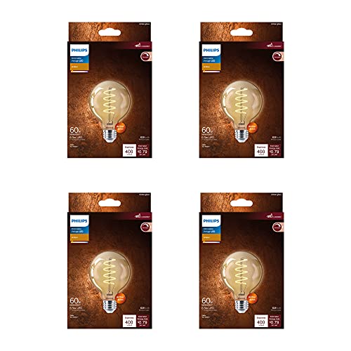 Philips LED Vintage Flicker-Free Amber Spiral G25, Dimmable, Eyecomfort Technology, 400 Lumen, Amber Light(2000K), 6.5W=60W, Title 20 Certified , E26 Base, 4-Pack (565887)