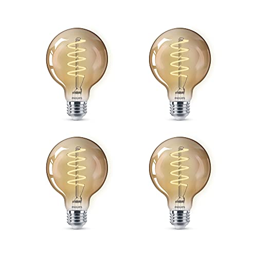 Philips LED Vintage Flicker-Free Amber Spiral G25, Dimmable, Eyecomfort Technology, 400 Lumen, Amber Light(2000K), 6.5W=60W, Title 20 Certified , E26 Base, 4-Pack (565887)