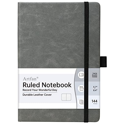 Ruled Notebook/Journal – Premium Thick Paper Faux Leather Classic Writing Notebook with Pocket + Page Dividers Gifts, Banded, Large, 144 Pages, Hardcover, Lined (5.8 x 8.4) - Gray