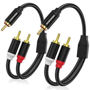 hosongin rca y splitter 1 male to 2 male audio cable 2 pack, black cotton braided jacket gold-plated plug premium shielded audio cable, length 12 inch