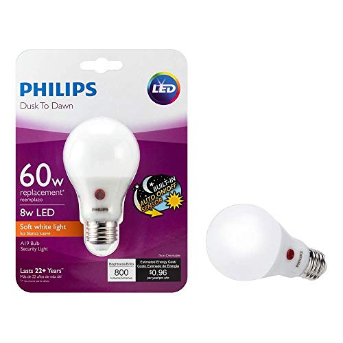 Philips LED 466565 BC8A19/AMB/827/ND D2D 120V 4/1 60 Watt Equivalent Soft White Dusk-Till-Dawn Indoor/Outdoor A19 LED Light Bulb, 4 Pack