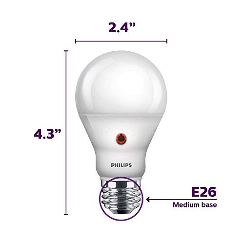 Philips LED 466565 BC8A19/AMB/827/ND D2D 120V 4/1 60 Watt Equivalent Soft White Dusk-Till-Dawn Indoor/Outdoor A19 LED Light Bulb, 4 Pack