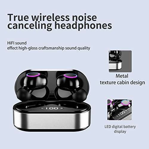 Fenpos Mini Portable Pocket Wireless Earbuds, CVC8.0 Noise Cancel Bluetooth 5.2 Headphones with Hi-Fi Stereo Audio, Touch Control Bluetooth Headphones, Waterproof Sport Earphones (300mAh Black-Silver)
