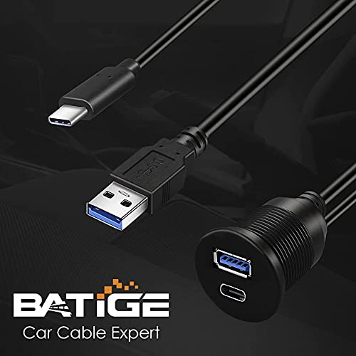 BATIGE Type C 3.1 and USB 3.0 Car Mount Flush Cable Male to Female Waterproof Extension for Car Truck Boat Motorcycle Dashboard Panel - 3ft